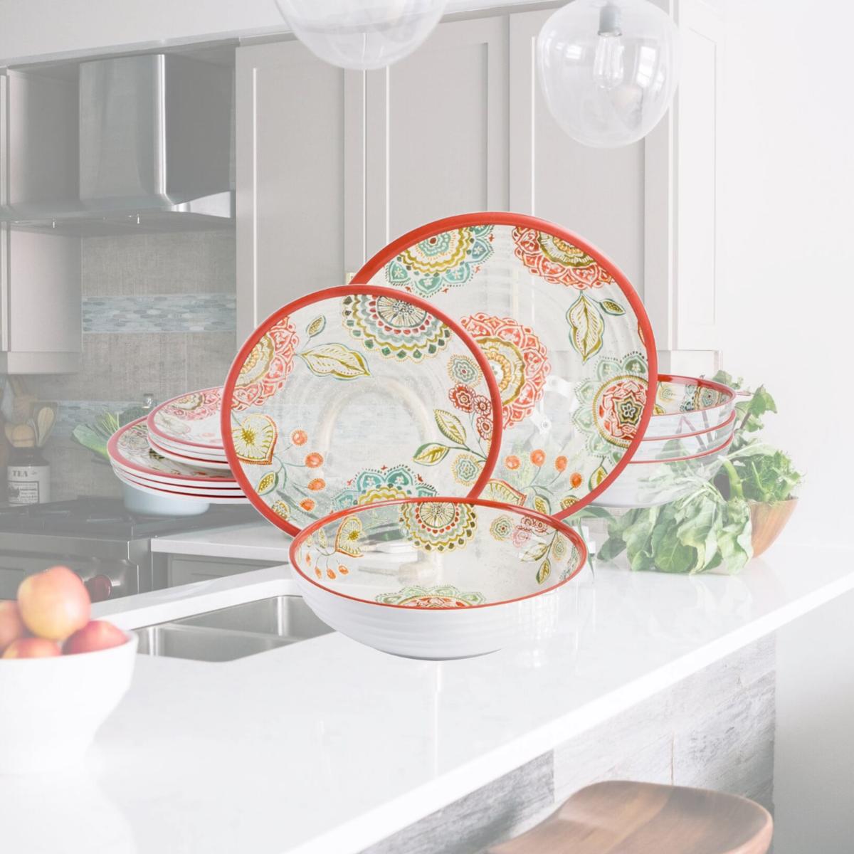 Picture of Laurie Gates 123197.12R Brick Floral Ripple Melamine Dinnerware Set, Red - 12 Piece