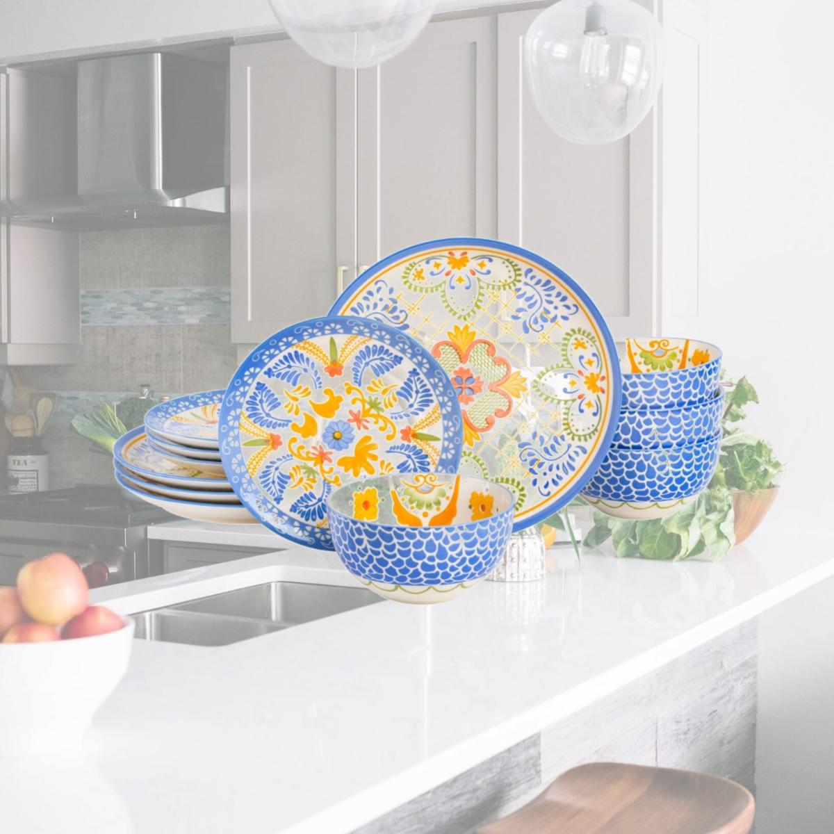Picture of Laurie Gates 130959.12RR Tierra Tile Round Sto are Dinnerware Set, Assorted Designs - 12 Piece