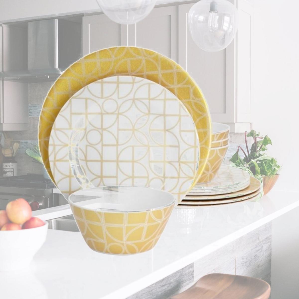 Picture of Laurie Gates 135727.12 California Designs Summer Bloom Melamine Dinnerware Set, Gold - 12 Piece