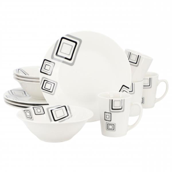 UPC 085081639073 product image for 142756.12 Black Squares Round Fine Ceramic Dinnerware Set, White - 12 Piece | upcitemdb.com