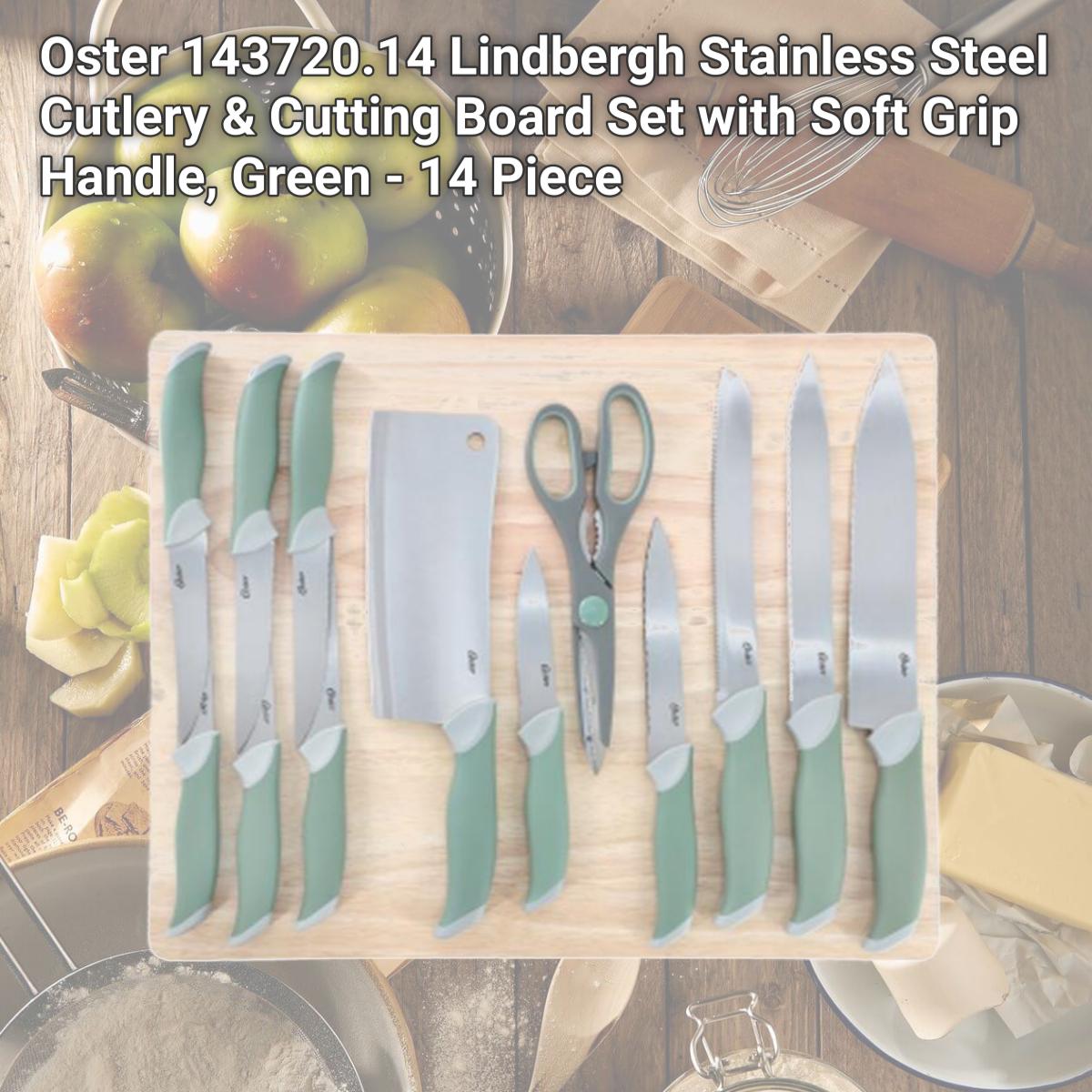 Picture of Oster 143720.14 Lindbergh Stainless Steel Cutlery & Cutting Board Set with Soft Grip Handle, Green - 14 Piece