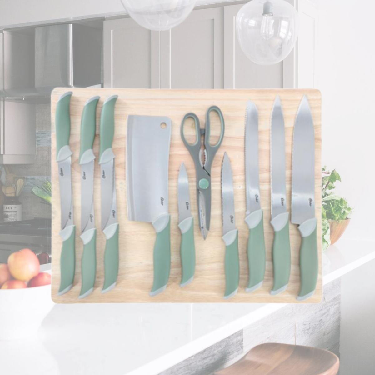 Picture of Oster 143720.14 Lindbergh Stainless Steel Cutlery & Cutting Board Set with Soft Grip Handle, Green - 14 Piece
