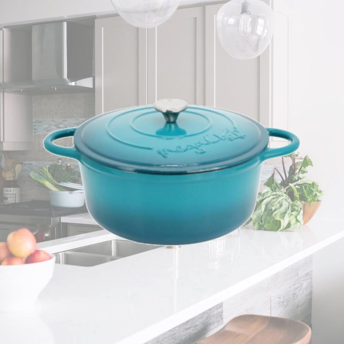 Picture of MegaChef MCCI-A28LB 6.35 qt. Round Enameled Cast Iron Dutch Oven with Self Basting Lid - Light Blue