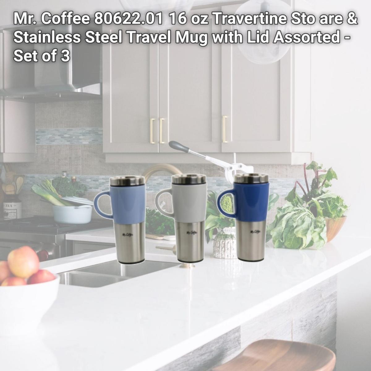 Picture of Mr. Coffee 80622.01 16 oz Travertine Sto are & Stainless Steel Travel Mug with Lid Assorted - Set of 3