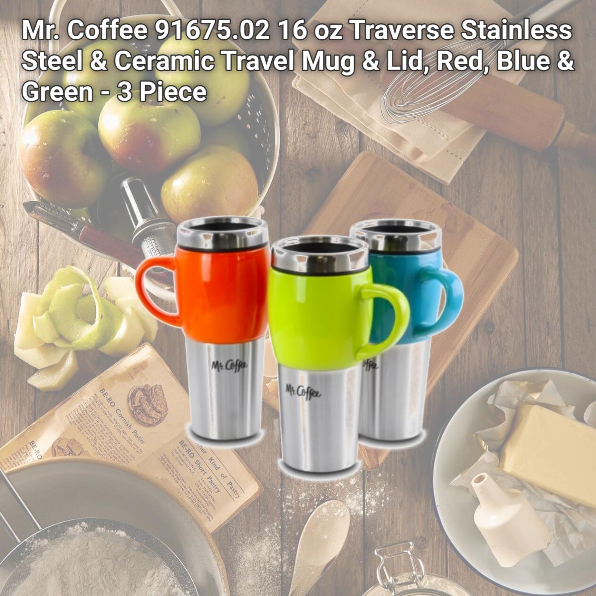 Picture of Mr. Coffee 91675.02 16 oz Traverse Stainless Steel & Ceramic Travel Mug & Lid, Red, Blue & Green - 3 Piece