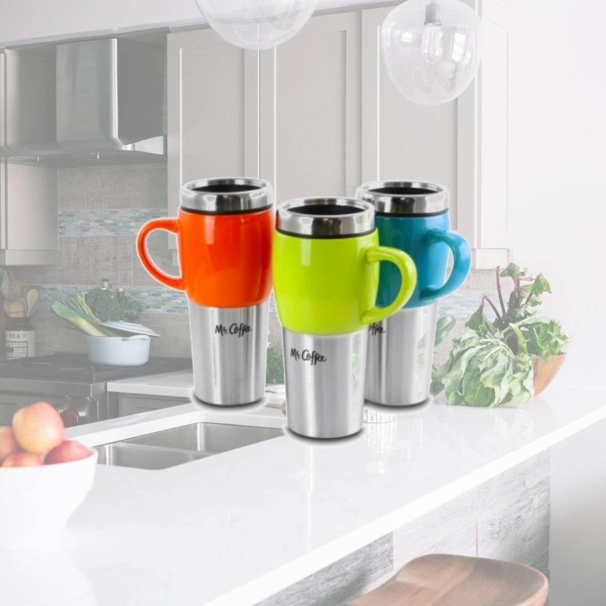 Picture of Mr. Coffee 91675.02 16 oz Traverse Stainless Steel & Ceramic Travel Mug & Lid, Red, Blue & Green - 3 Piece