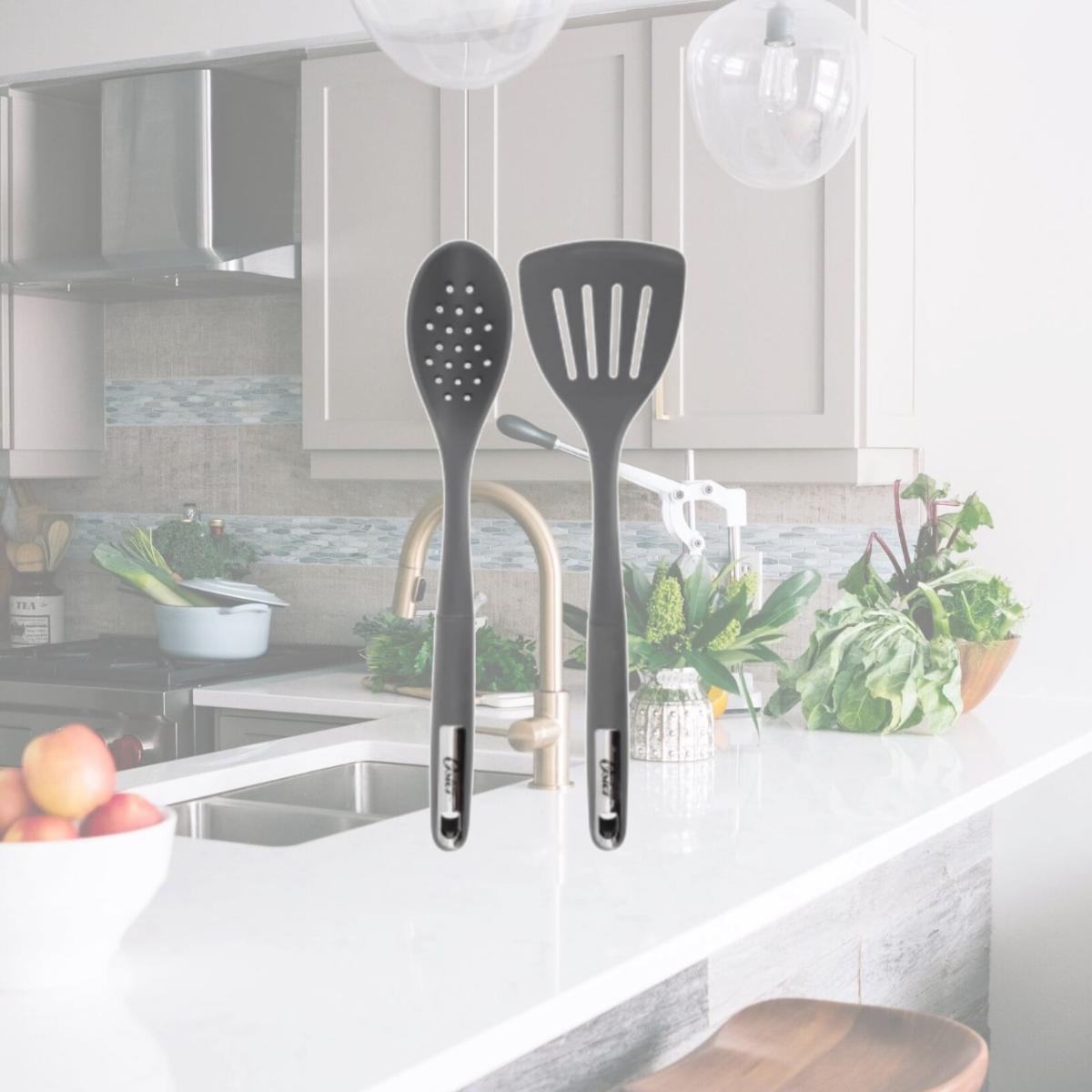 Picture of Oster 143733.02 Ridgecrest Silicone Kitchen Tool Slotted Spoon & Turner Set, Gray - 2 Piece