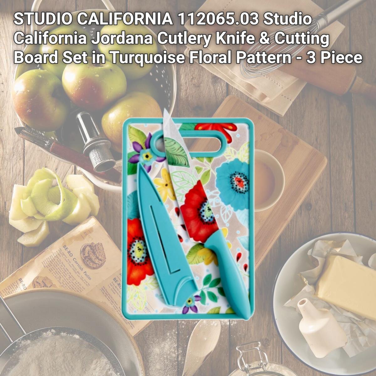 Picture of STUDIO CALIFORNIA 112065.03 Studio California Jordana Cutlery Knife & Cutting Board Set in Turquoise Floral Pattern - 3 Piece