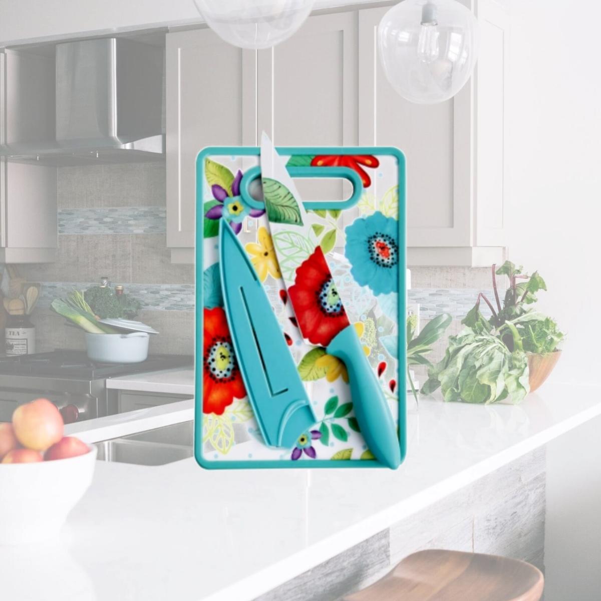 Picture of STUDIO CALIFORNIA 112065.03 Studio California Jordana Cutlery Knife & Cutting Board Set in Turquoise Floral Pattern - 3 Piece