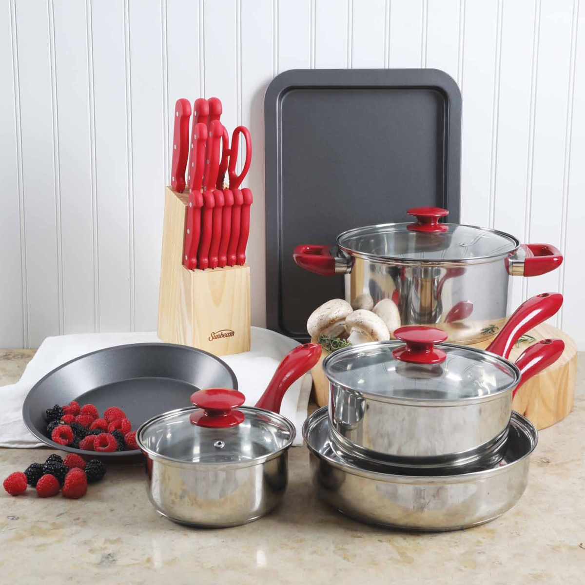 74065.22 22 Piece Crawford Cookware Combo Set, Red