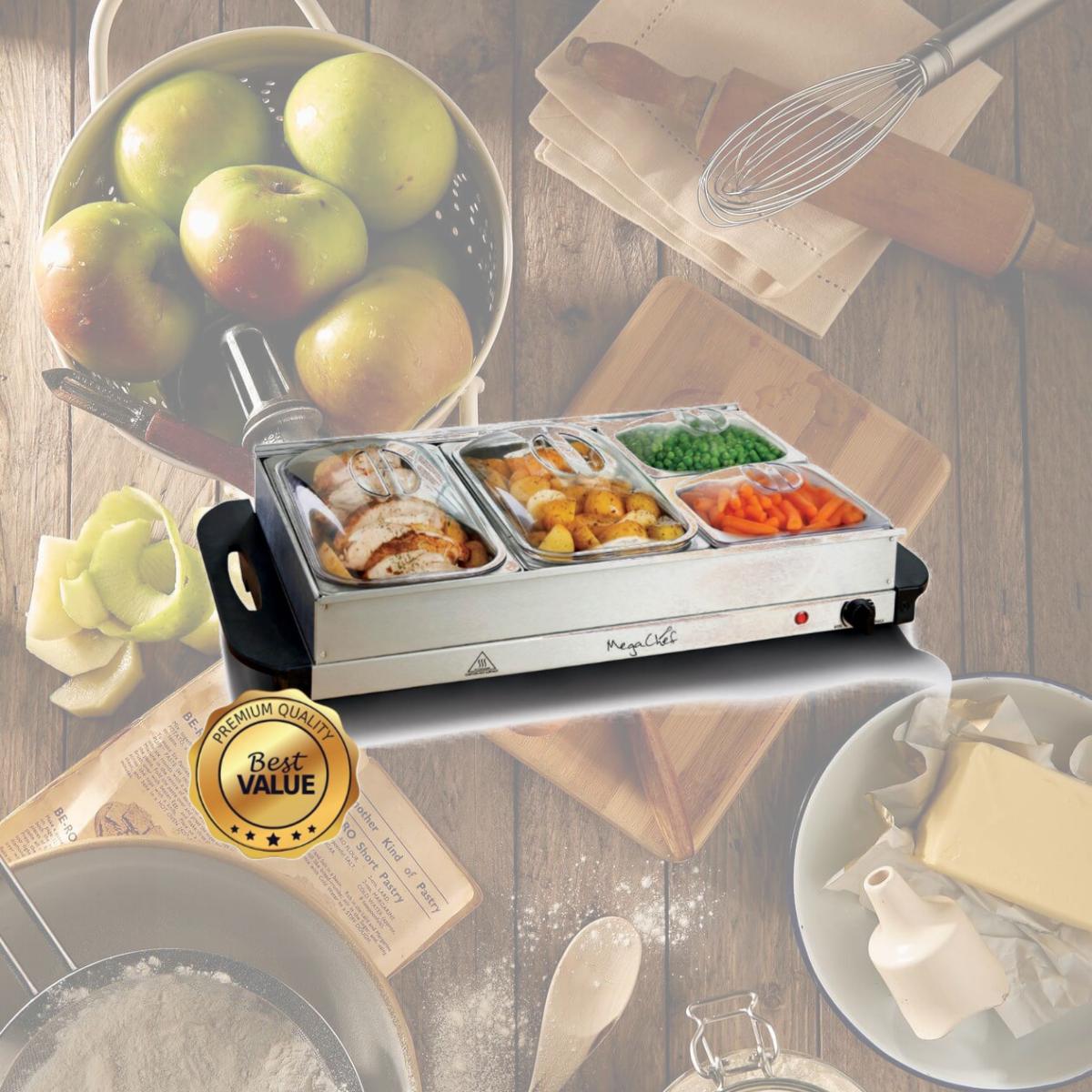 Picture of MegaChef MC-9003C Buffet Server & Food Warmer with 4 Removable Sectional Trays, Heated Warming Tray & Removable Tray Frame
