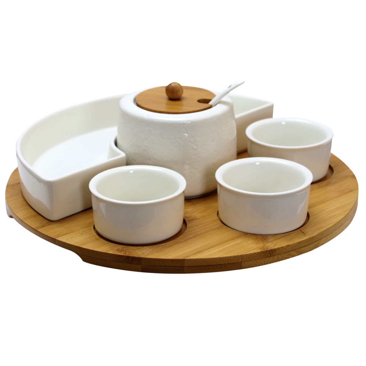 El-159 8 Piece Signature Appetizer Serving Set With 4 Serving Dishes, Center Condiment Server, Spoon & Bamboo Serving Tray