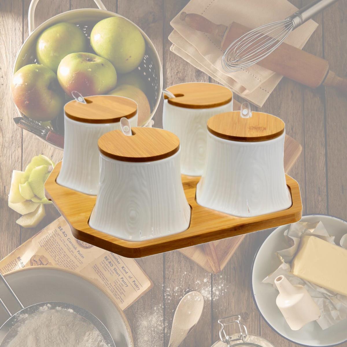 Picture of Elama EL-379 Ceramic Spice, Jam & Salsa Jars with Bamboo Lids & Serving Spoons