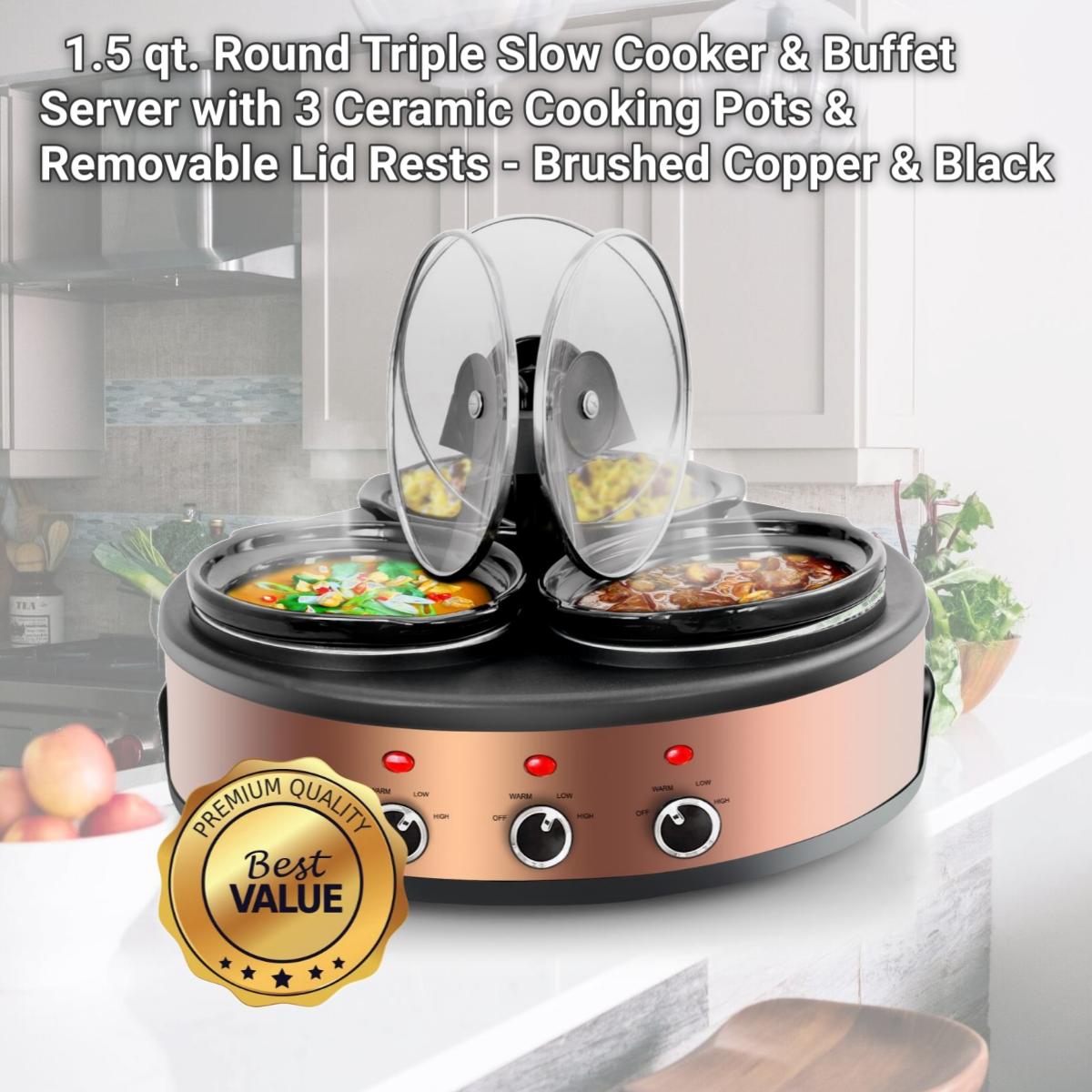 Picture of MegaChef MC-1103 1.5 qt. Round Triple Slow Cooker & Buffet Server with 3 Ceramic Cooking Pots & Removable Lid Rests - Brushed Copper & Black