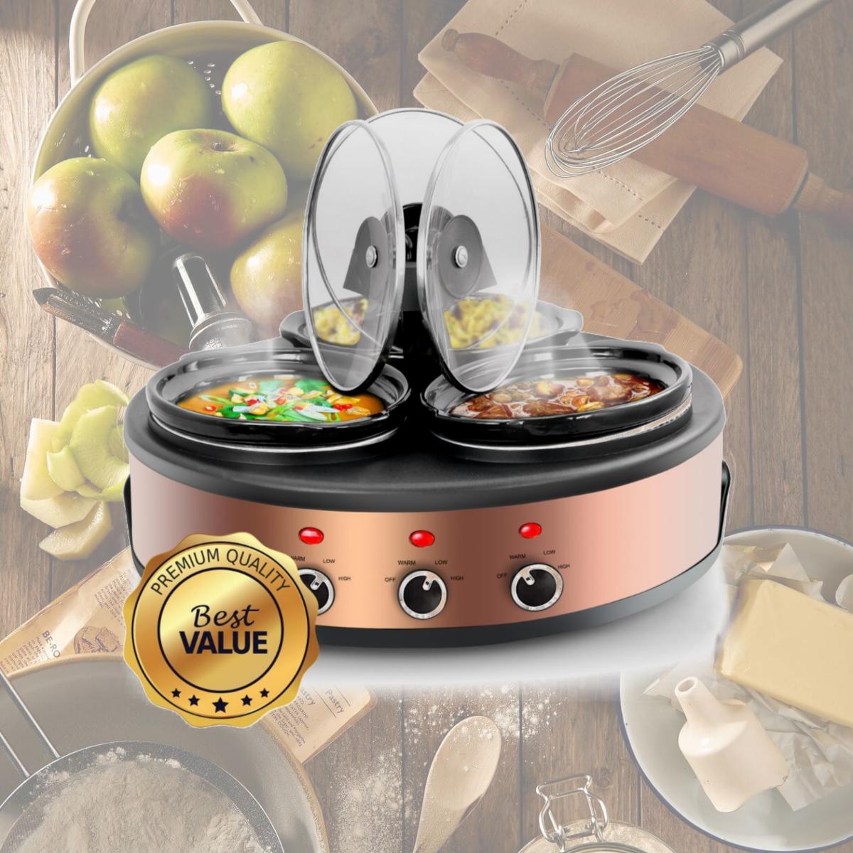 Picture of MegaChef MC-1103 1.5 qt. Round Triple Slow Cooker & Buffet Server with 3 Ceramic Cooking Pots & Removable Lid Rests - Brushed Copper & Black