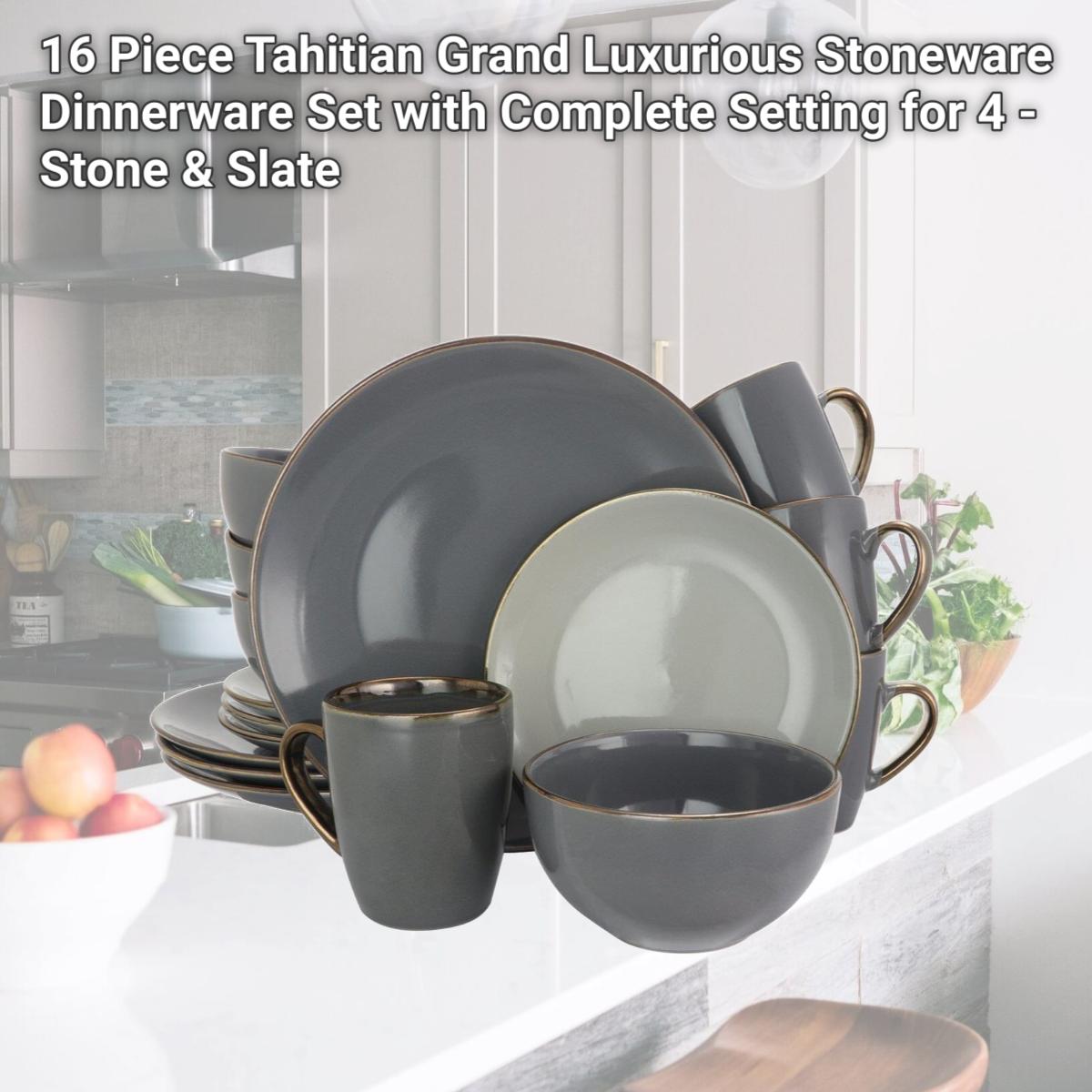 Picture of Elama EL-TAHITIANGRAND 16 Piece Tahitian Grand Luxurious Stoneware Dinnerware Set with Complete Setting for 4 - Stone & Slate