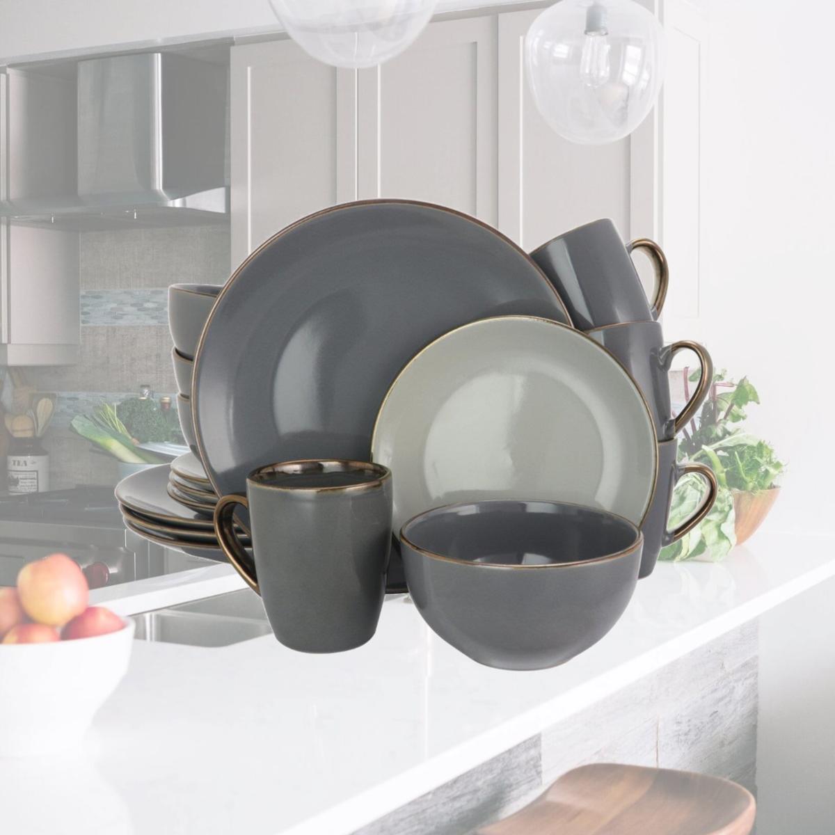 Picture of Elama EL-TAHITIANGRAND 16 Piece Tahitian Grand Luxurious Stoneware Dinnerware Set with Complete Setting for 4 - Stone & Slate