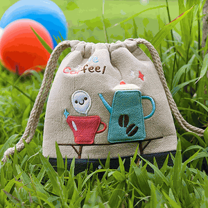 Be-11-khaki 5.7 X 6.7 In. Love Coffee - Embroidered Applique Fabric Art Draw String Bag & Drawstring Pouch