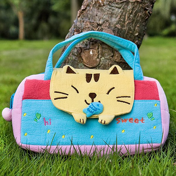 7.8 X 5.5 X 1.4 In. Sweet Cat - Embroidered Applique Kids Mini Handbag Cosmetic Bag & Travel Wallet