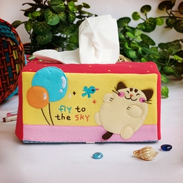 K-204-cat 8.7 X 4.5 X 4.5 In. Cat & Balloon - Embroidered Applique Fabric Art Tissue Box Cover Holder