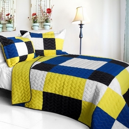 Onitiva-qts01215-23 Little Smile - Vermicelli-quilted Patchwork Geometric Quilt Set Full & Queen - Yellow