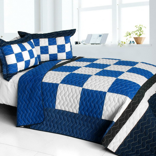 Onitiva-qts01210-23 Anything Is Possible - Vermicelli-quilted Patchwork Plaid Quilt Set Full & Queen Size - Blue
