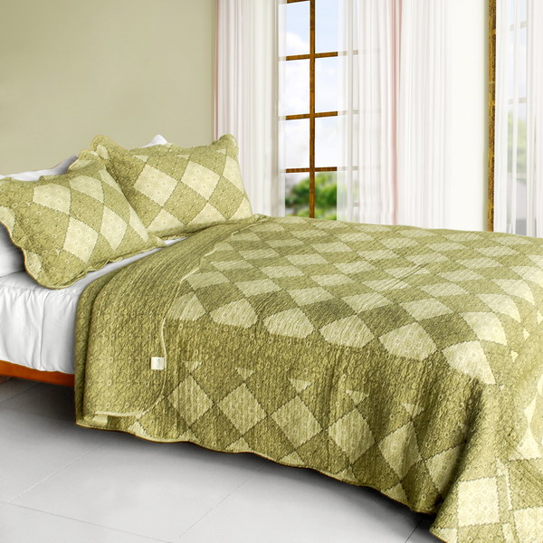 Do354-23 Natural Grace - Cotton 3 Pieces Vermicelli-quilted Plaid Patchwork Quilt Set Full & Queen Size - Green