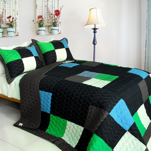 Onitiva-qts01065bk-23 Fatal Attraction 2 Vermicelli-quilted Patchwork Plaid Quilt Set Full & Queen Size - Black