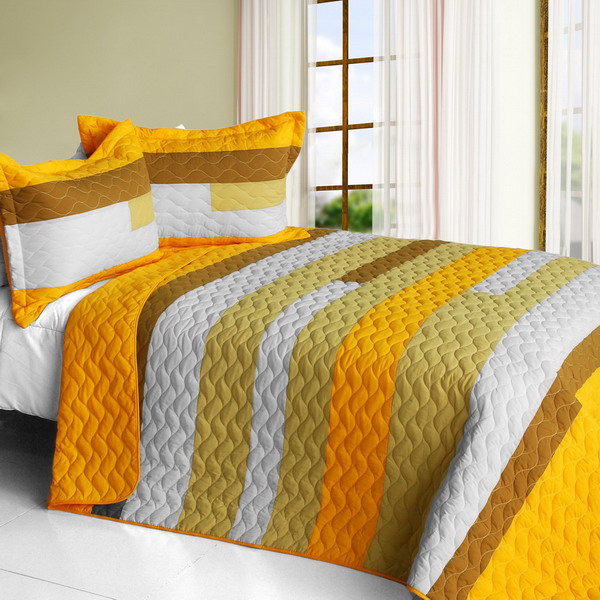 Onitiva-qts01216-23 Smashing - Vermicelli-quilted Patchwork Striped Quilt Set Full & Queen Size - Yellow