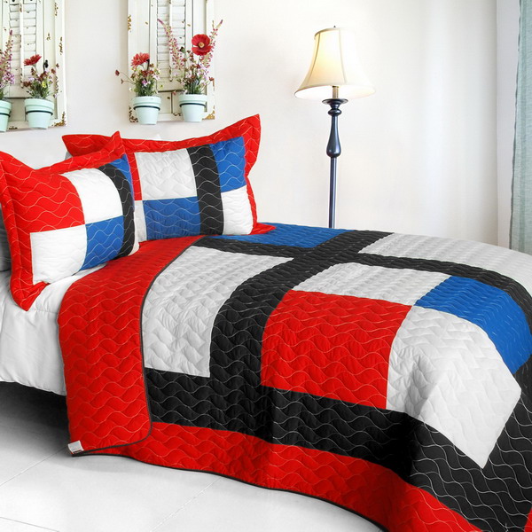 Onitiva-qts01211-23 Be Myself - Vermicelli-quilted Patchwork Geometric Quilt Set Full & Queen Size - Red