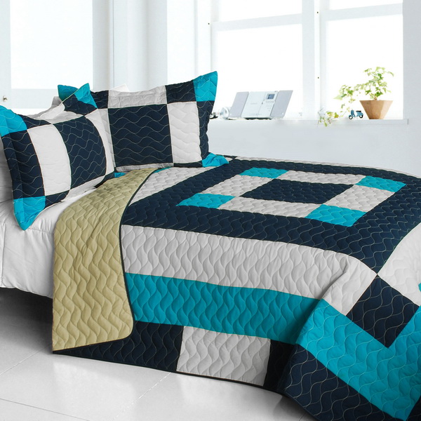 ONITIVA-QTS01279-23 Sea Center - 3 Pieces Vermicelli-Quilted Patchwork Quilt Set Full & Queen Size - Blue