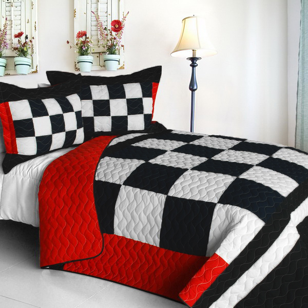 Onitiva-qts01209-23 If Possible - Vermicelli-quilted Patchwork Plaid Quilt Set Full & Queen Size - Black