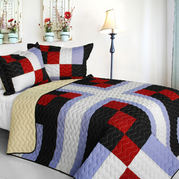 Floral City - 3 Pieces Vermicelli-quilted Patchwork Quilt Set Full & Queen Size - Multicolor