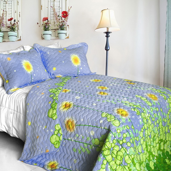 Onitiva-qts01038-4 Dandelion Dancing Night - Cotton 3pc Floral Vermicelli-quilted Patchwork Quilt Set King Size - Blue