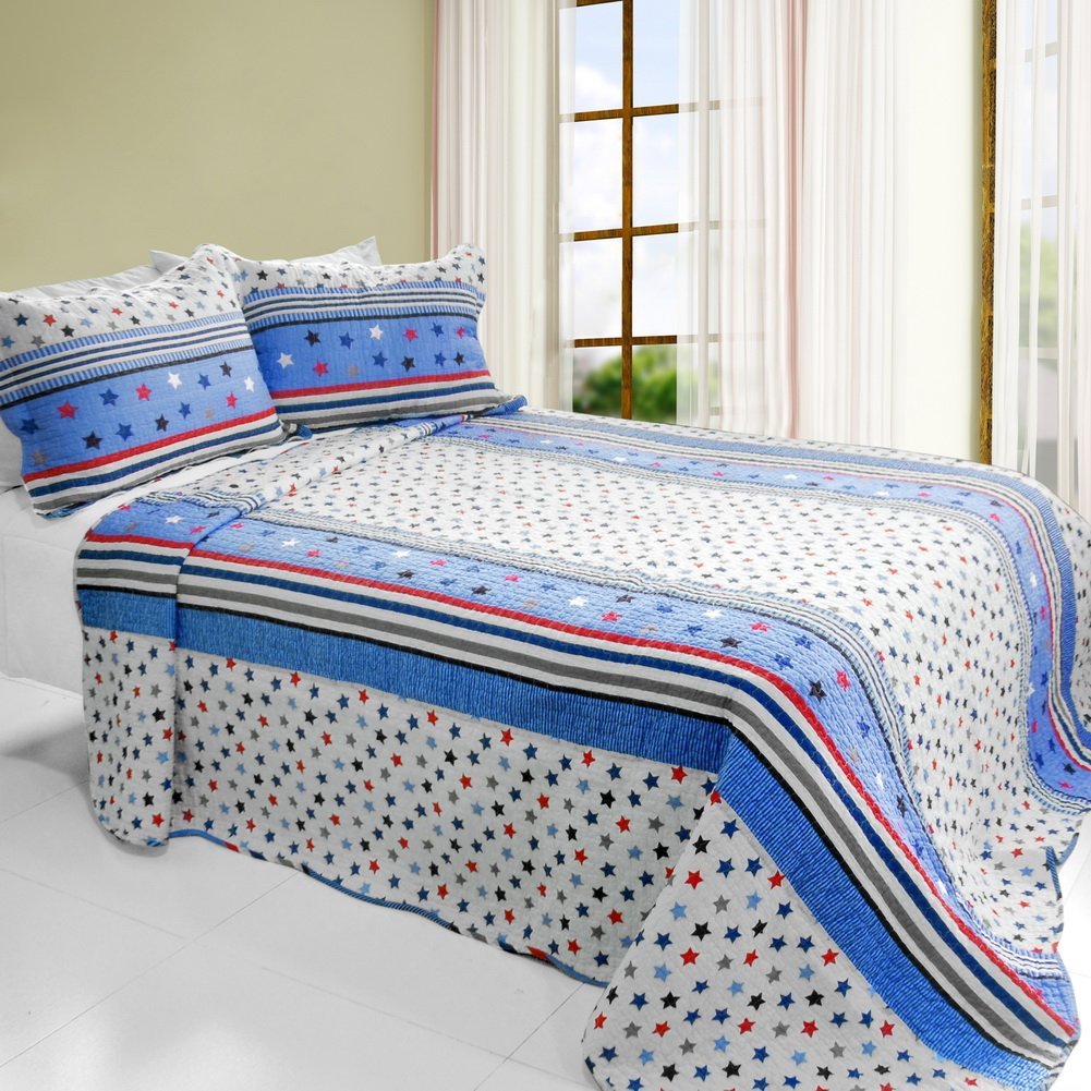QTS-WBMZR-124-23 Multicolor Star 3 Pieces Cotton Vermicelli-Quilted Printed Quilt Set Full & Queen Size - Multicolor