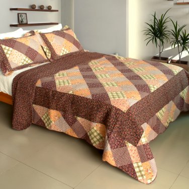 Artistic Chic - 100 Percent Cotton 3 Pieces Vermicelli-quilted Patchwork Quilt Set Full & Queen Size - Brown