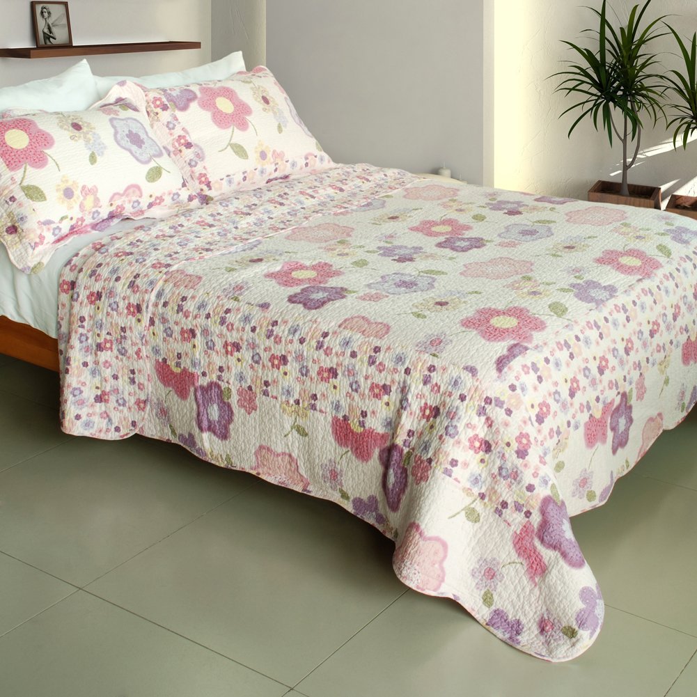Affectation Style - 100 Percent Cotton 3 Pieces Vermicelli-quilted Patchwork Quilt Set Full & Queen Size - Pink