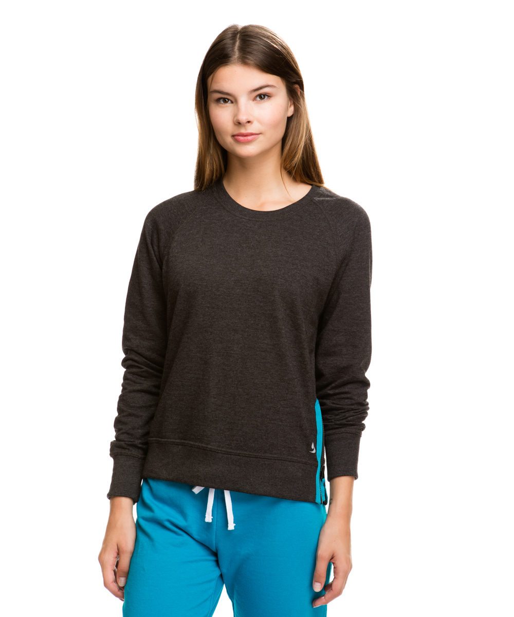 5356v0mjsml French Terry Side Zip Crew For Junior, Charcoal Heather & Caribbn Sea - Small