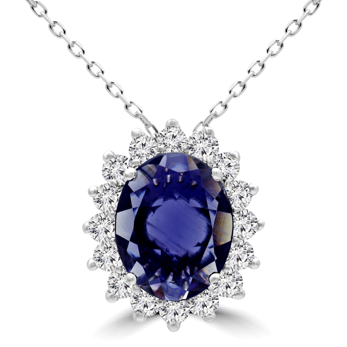 Mdr170162 1.6 Ctw Oval Purple Iolite Halo Solitaire With Accents Pendant Necklace In 14k