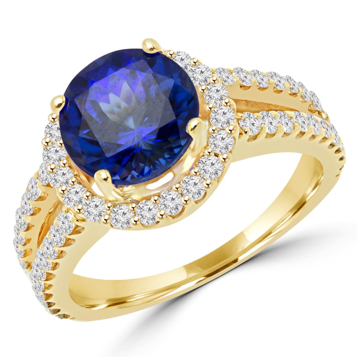 Md150166-3 3.1 Ctw Round Tanzanite & Diamond Halo Cocktail Ring In 18k Yellow Gold, Size 3