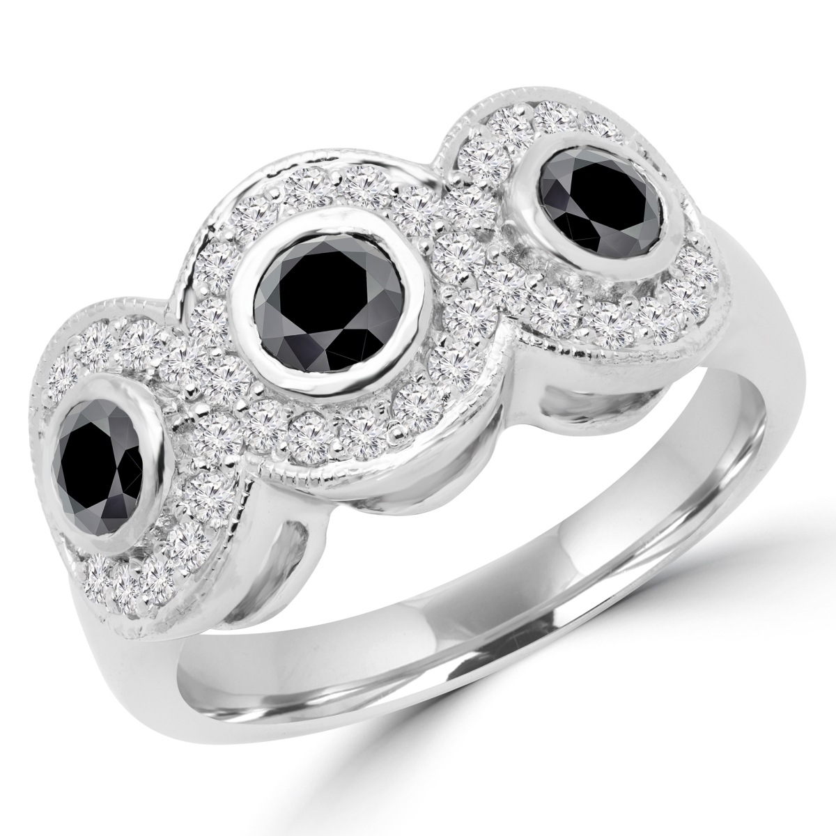 MD170094-3 1.13 CTW Round Black Diamond Halo Three-Stone Engagement Ring in 14K White Gold - Size 3