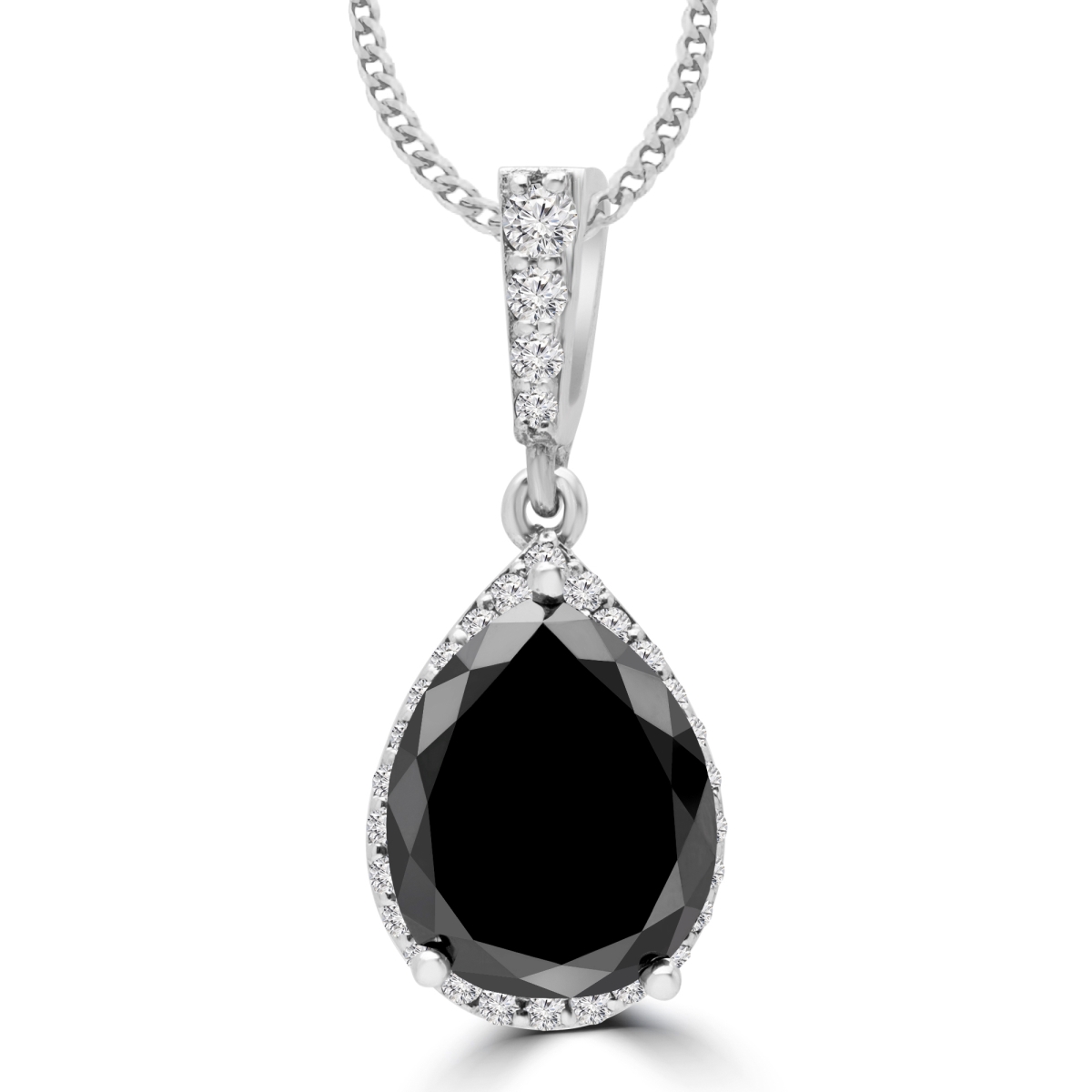 Md170448 4.02 Ctw Pear Black Diamond Halo Pendant Necklace In 14k White Gold With Chain