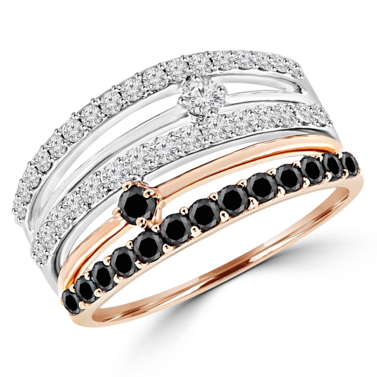 0.8 CTW 5-row Black & White Diamond Fashion Cocktail Ring in 14K White & Rose Gold - Size 4.25