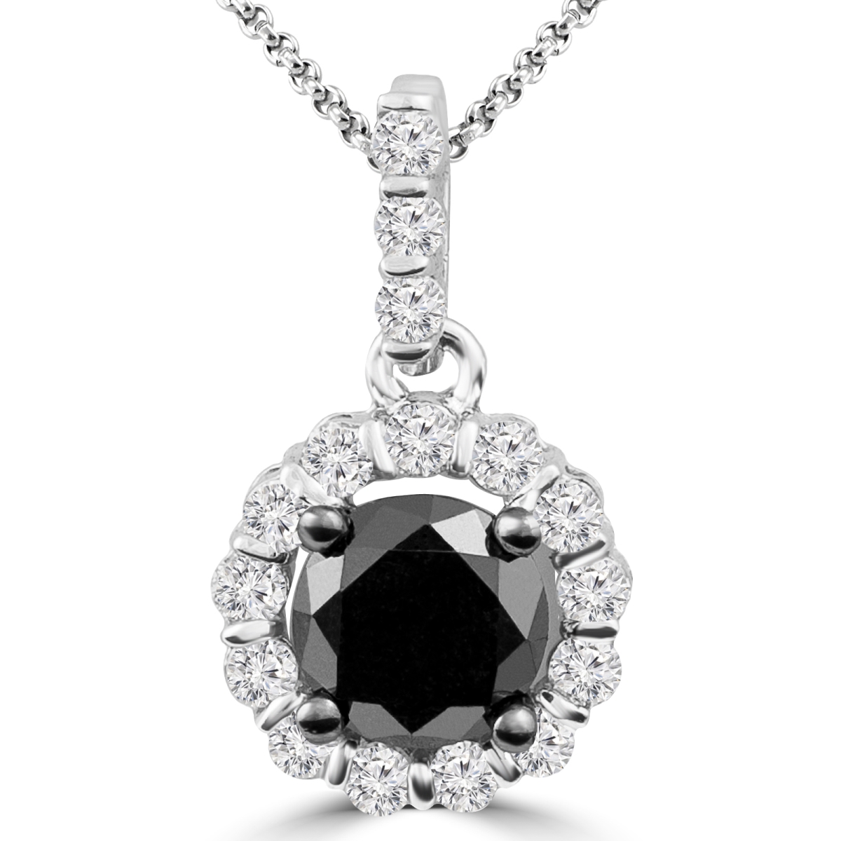 Mdr160006 1 Ctw Round Black & White Diamond Halo Drop Pendant In 10k White Gold With Chain