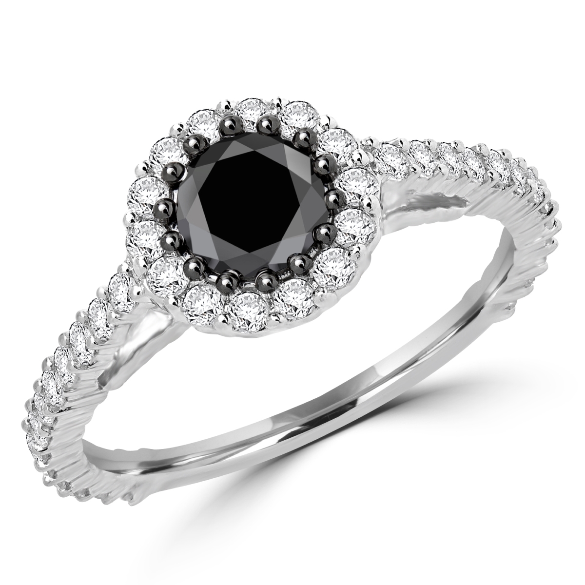1.05 CTW Round Black Diamond Halo Engagement Ring in 10K White Gold with White Diamond Accents - Size 4