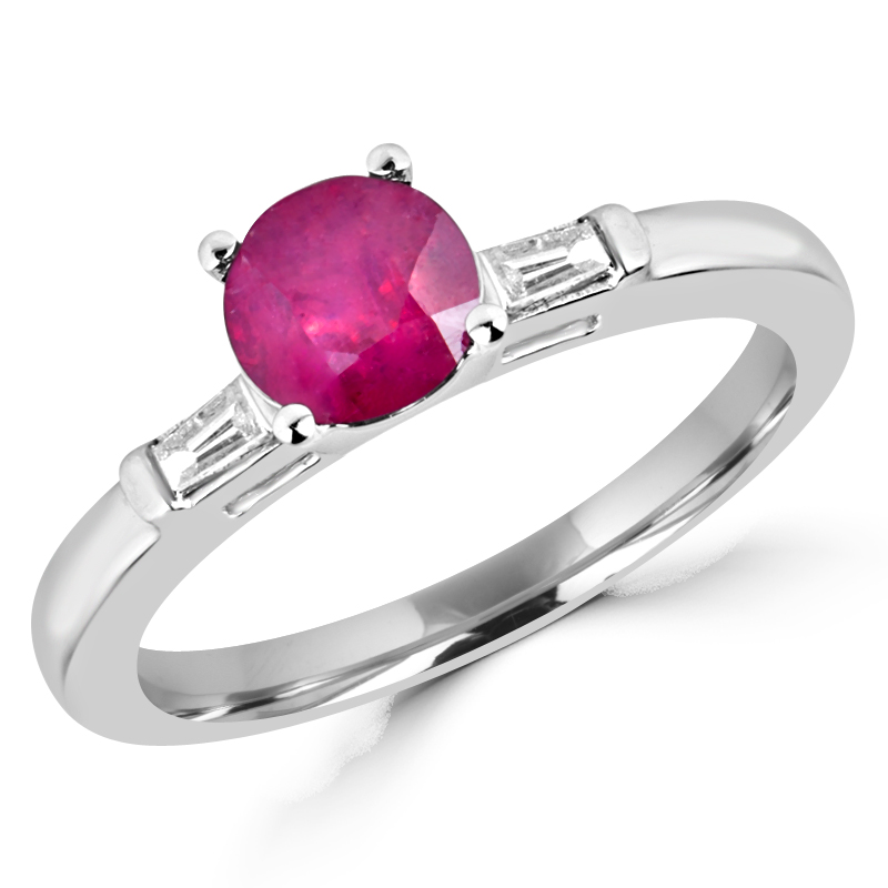 1.12 CTW Round Red Ruby Cocktail Ring in 14K White Gold with Baguette Accents - 3.75