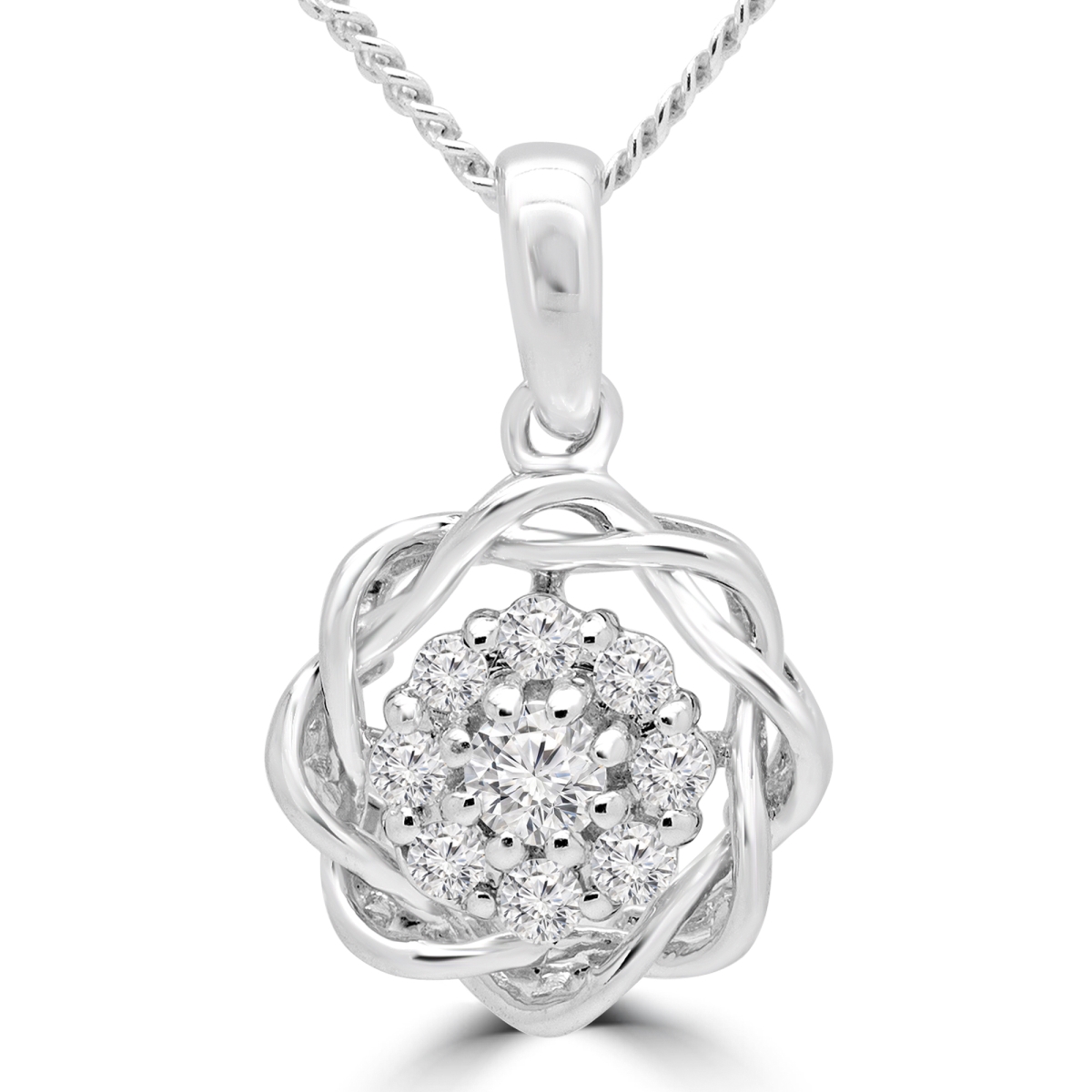 Mdr180022 0.2 Ctw Round Diamond Floral Motif Cluster Pendant Necklace In 14k White Gold With Chain