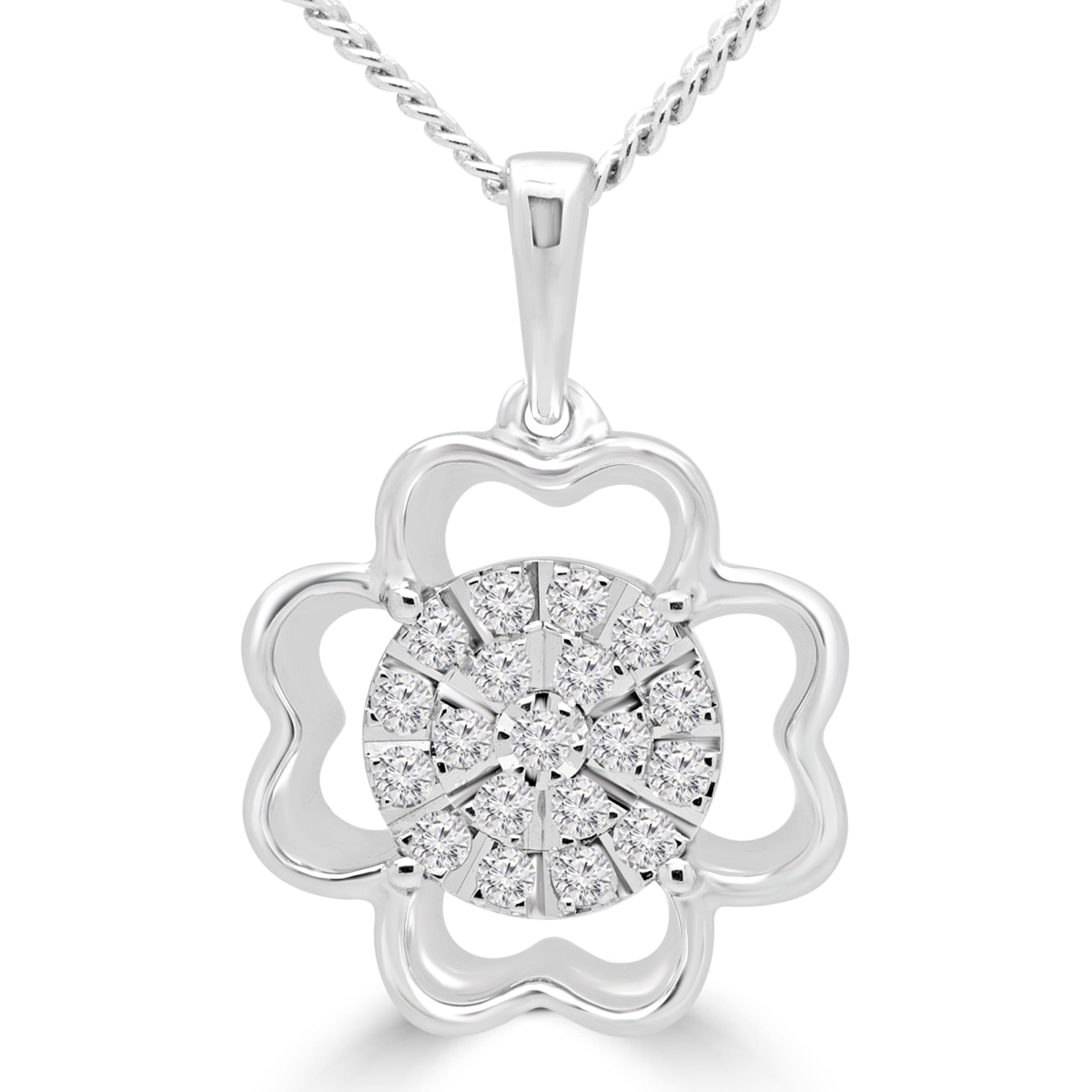 Mdr180023 0.14 Ctw Round Diamond Floral Motif Cluster Pendant Necklace In 10k White Gold With Chain