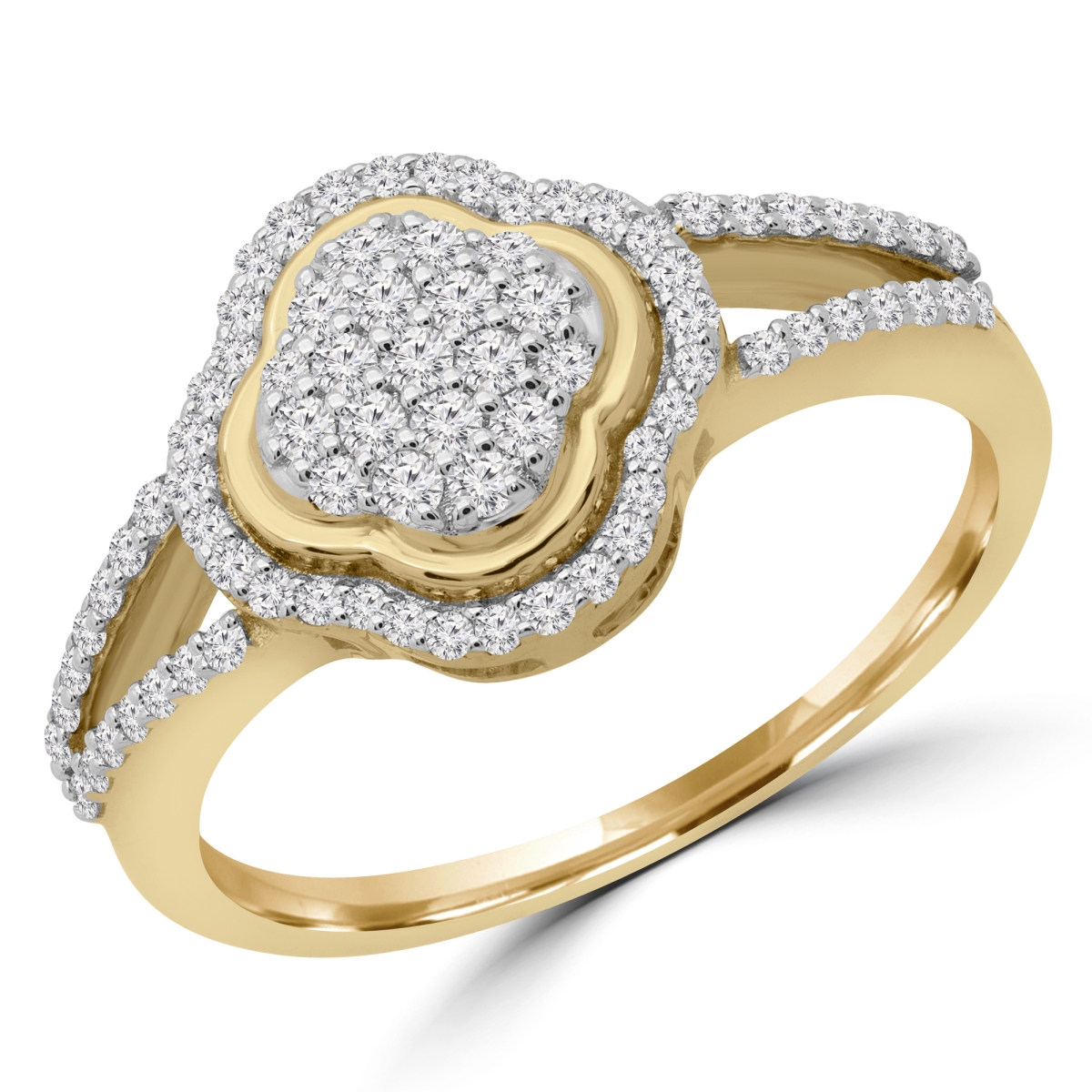 0.33 CTW Round Diamond Split Shank Halo Clover Cocktail Ring in 14K Yellow Gold - Size 8.75