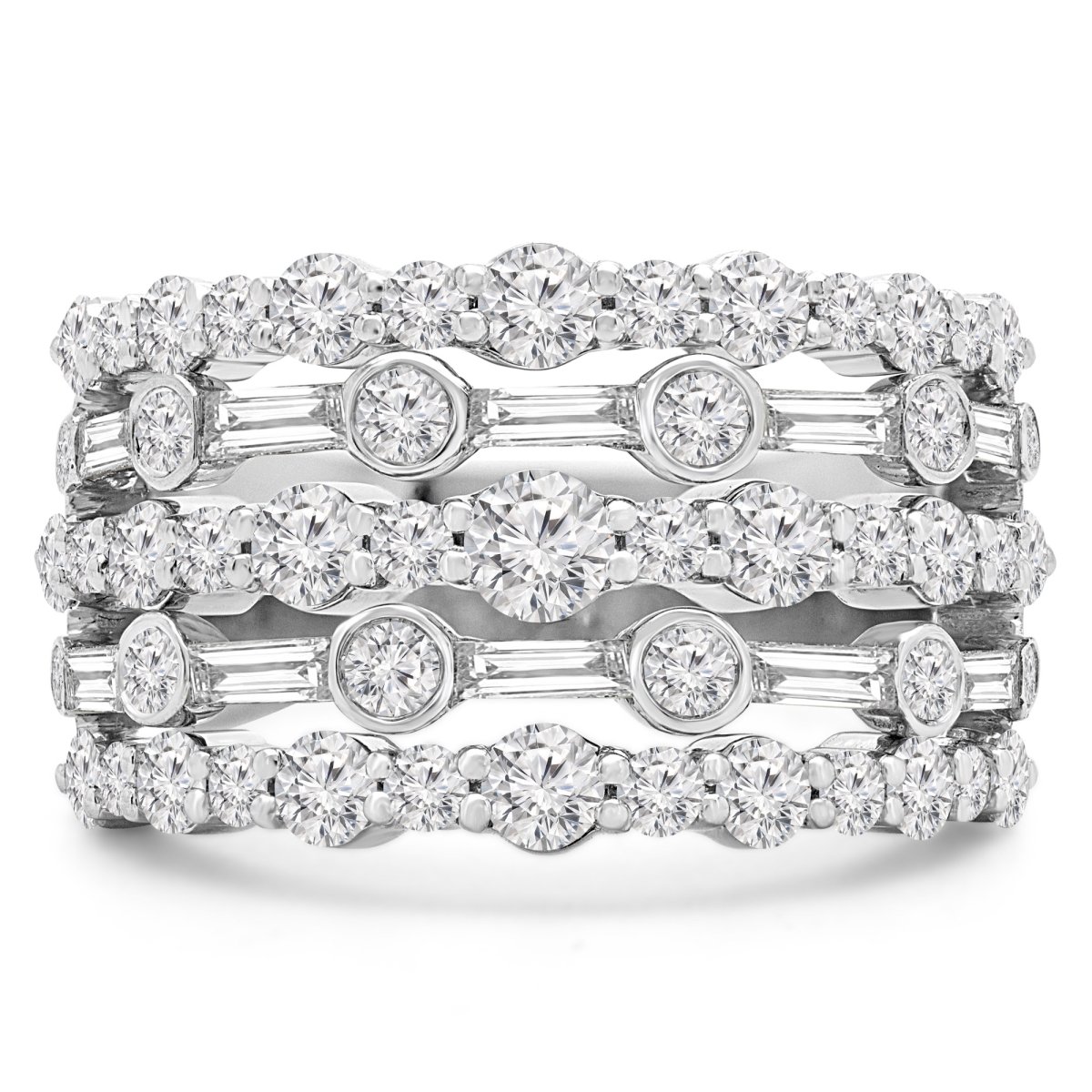 2.125 Ctw Round Diamond Vintage Five-row Cocktail Ring In 18k White Gold - Size 3